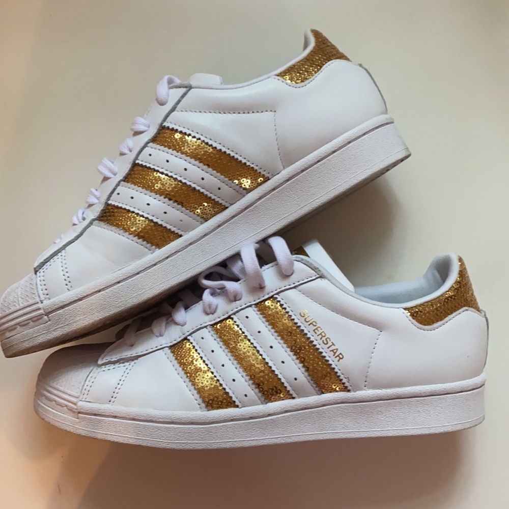 white with gold sequins adidas sneakers